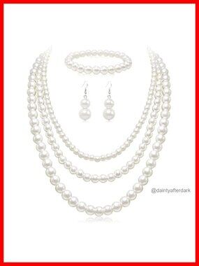 Faux Pearl Necklace Earring Bracelet Set 3 Necklaces Lobster Clasp